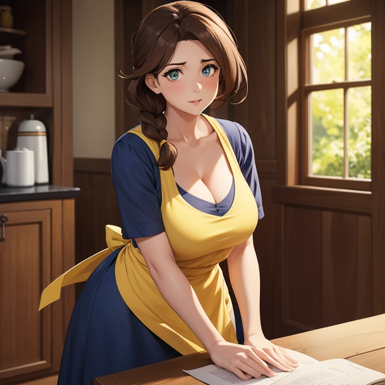 Motherly one Sided Plait, brown hair, v-neck navy blue shirt, long skirt, generous cleavage, solo girl, wide hips, yellow apron, motherly, emerald eyes, dynamic lighting, mature, Pokémon SV mother, hair over one side of her shoulder 