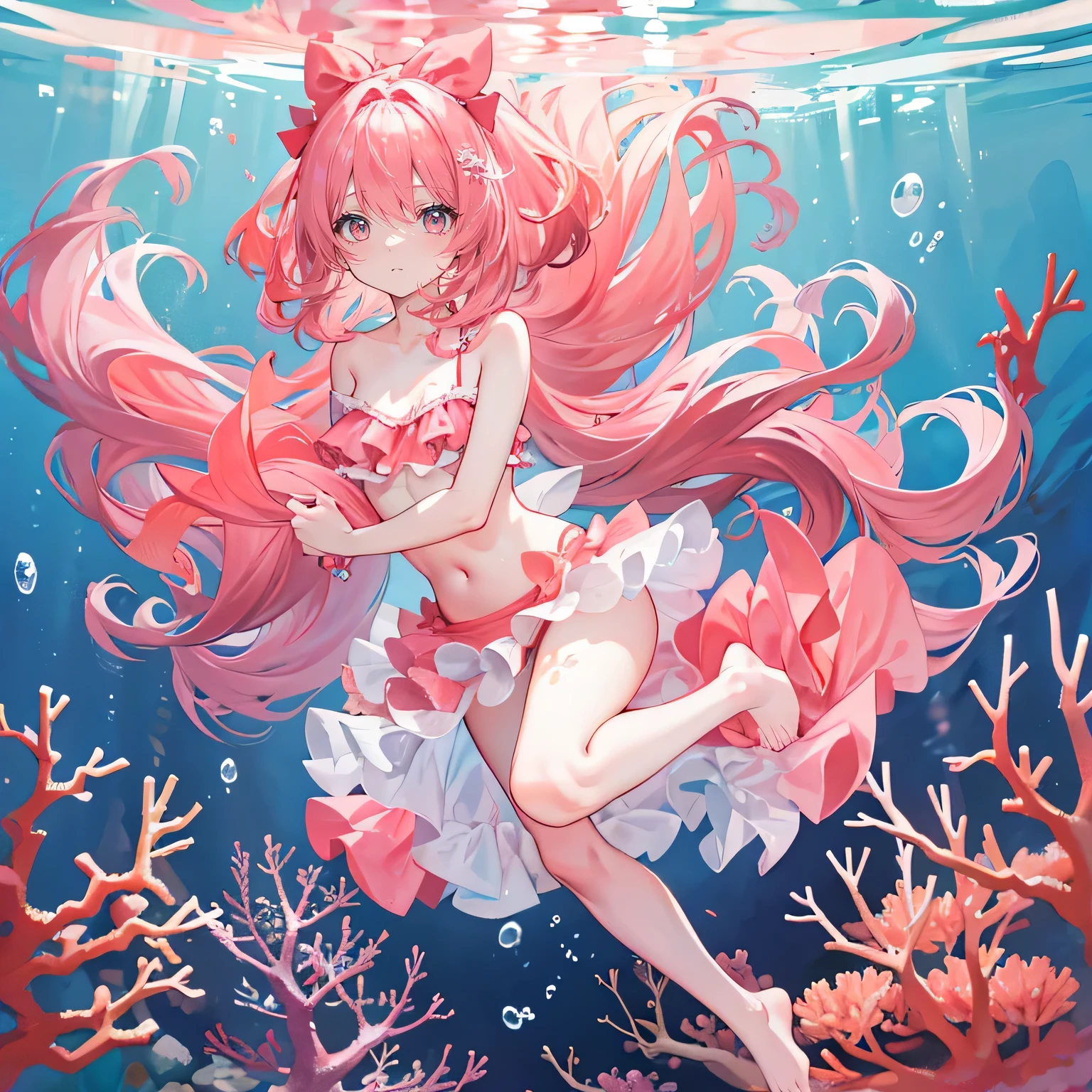 Coral pink hair，long hair，hair over one eye，gray eyes，multiple hair bows，cute，girl，swimsuit，No shoes on your feet，whole body，stand on the ground，Does not expose fingers，The background is underwater，Undersea coral reefs