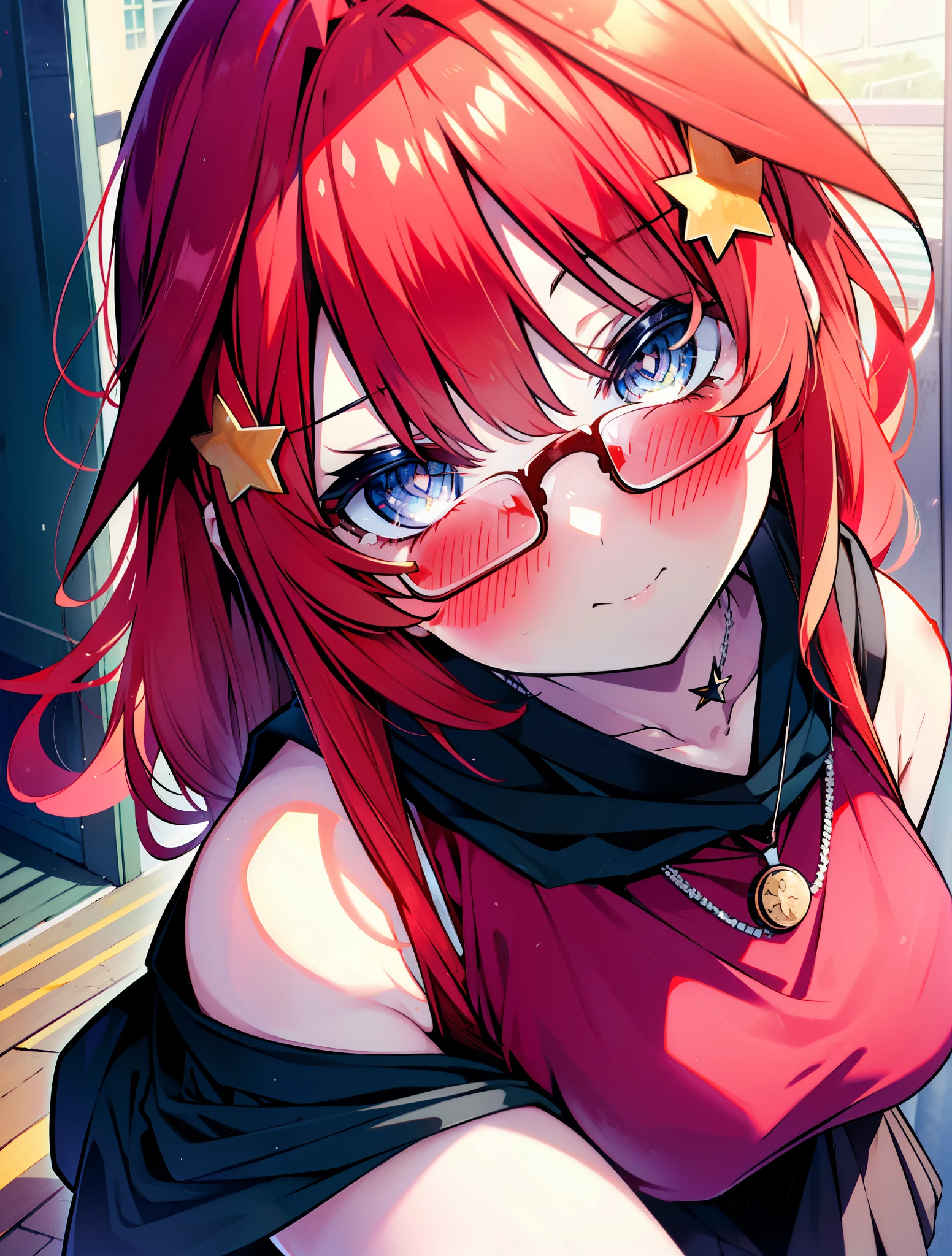 itsukinakano, itsuki nakano, bangs, blue eyes, hair between eyes, Ahoge, redhead, star \(symbol\happy smile, smile, Mouth wide open,embarrassing,blush, hair ornaments, star hair ornaments,Akagi glasses,red off shoulder sweater,bare shoulders,bare clavicle,naked neck,Heart Pendant Necklace,Black long skirt,Mini Boots,put your left hand on your waist,slouch,whole bodyがイラストに入るように,There are many shops,noon,Light of the sun,clear,Looking down from top to bottom,
break outdoors, station,square,
break looking at viewer,whole body (cowboy shot:1.5),
break (masterpiece:1.2), highest quality, High resolution, unity 8k wallpaper, (shape:0.8), (fine and beautiful eyes:1.6), highly detailed face, perfect lighting, Very detailed CG, (perfect hands, perfect anatomy),