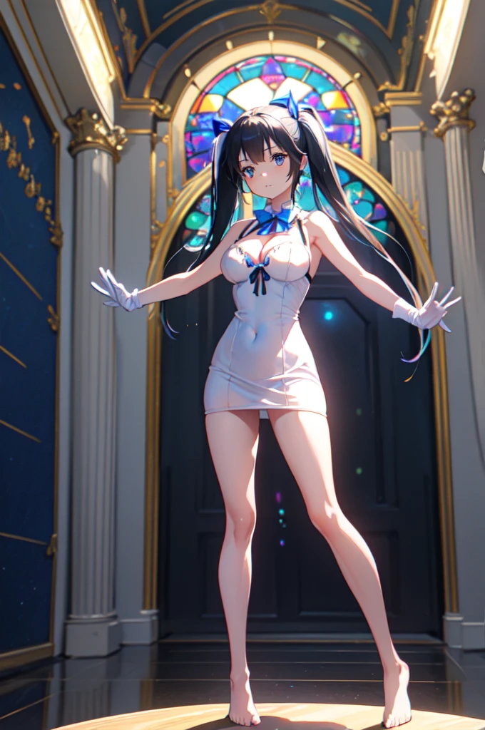 Stained glass background, full body picture, spread legs, full body, twin tails, black hair, air ornament, white dress, blue bowtie, cleavage cutout, blue ribbon, arm ribbon, short dress, white gloves, barefoot, blue bow, blue bowtie, bow, bowtie, cleavage, cleavage cutout, clothing cutout, dress, gloves, pencil dress, (rei no himo:1.5), short dress, white dress, white gloves, masterpiece:1.3), (High resolution), (8K), (very detailed), (4k), (pixiv), perfect face, beautiful eyes and face, (highest quality), (Super detailed), detailed face and eyes,((highest quality)),((table top)),((perfect face)), detailed５two-fingered hand,1 girl and fantasy style, ((holographic)), (stripes of light), impressive visuals, Like the cover of a movie, (dynamic streak, path of light:1.2), bright colors, and face up,dynamic pose