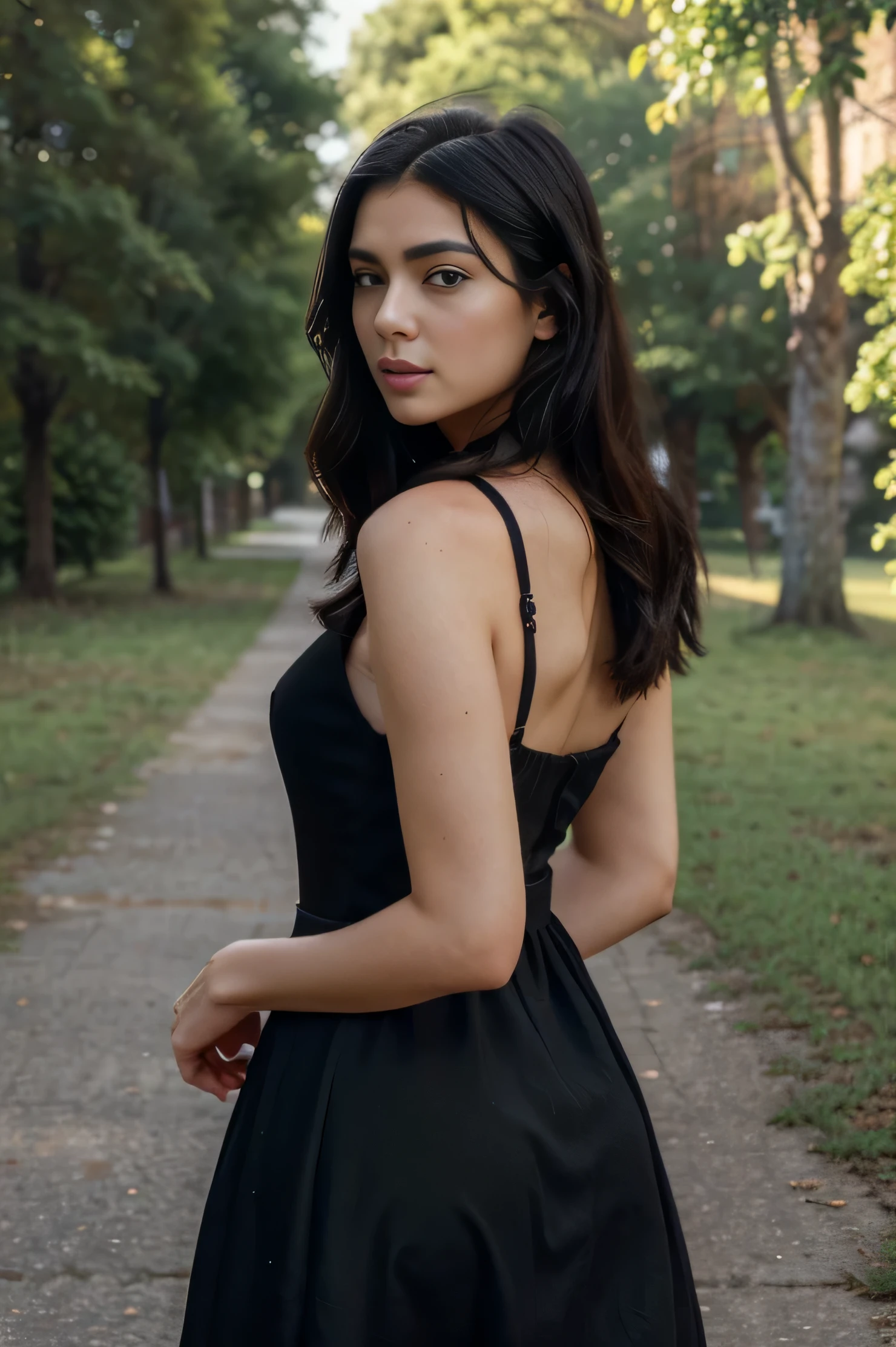 (best quality)), ((masterpiece)), (detailed), perfect face. A beautiful Russian, with a beautiful figure, black hair, cute face, in a very modern dress walking in a pathway, surrounded by trees looking back with the breeze swaying her hair. And luscious lips