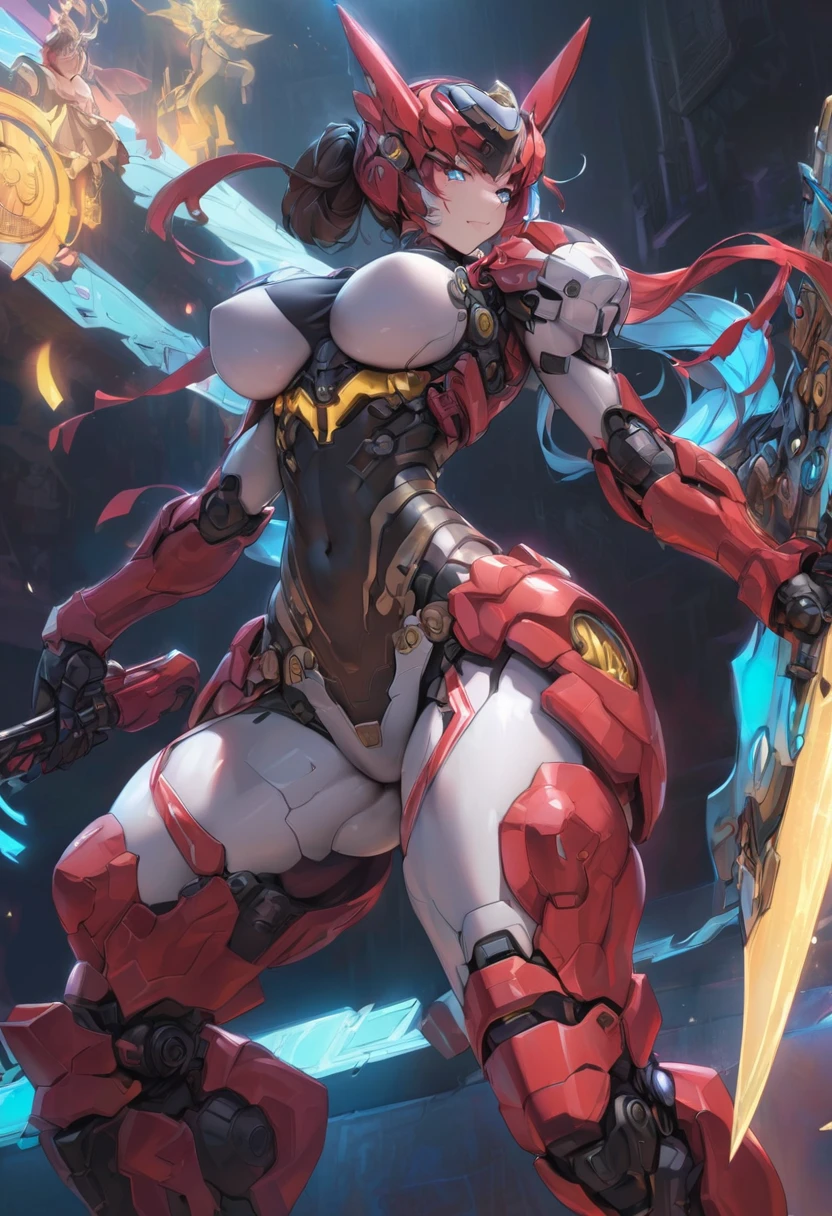 (masterpiece), (best quality:1.4), (perfect anatomy:1.4), high quality, expressive eyes, full body, tall girl, detailed face, beautiful face, perfect face, breasts, cleavage, gloves, A photograph of mid-twenties Japanese female android made of shiny white and silver translucent glass and plastic, geisha makeup and hairstyle, silver metal internal body mechanisms, dynamic pose, flowing organic construction, glowing golden circuitry, colorful neon trim, glowing circuitry, neon trim, depth of field focus f/2.8, art by H.R. Giger, Greg Rutowski, bodysuit, thick thighs, toned, emblem, superhero, dynamic lighting, 4k resolution, dynamic pose, weapon, energy weapon, cover, mecha musume, fortified suit, mechanical parts, headgear, robot joints, bodysuit, deva battle suit, gloves,