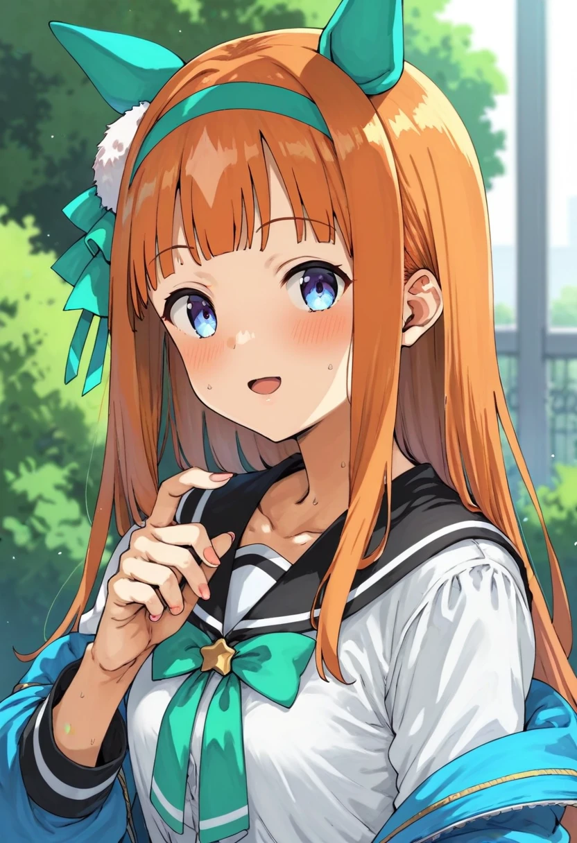 score_9,score_8_up,score_7_up,score_6_up,score_5_up,1girl, silence_suzuka_\(umamusume\), blunt bangs, orange hair, pija_(pianiishimo)