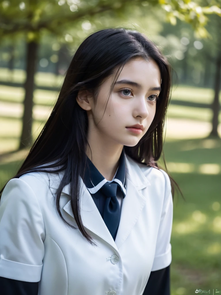 ( masterpiece, top quality, best quality,8k, girl,ultra detailed,raw photo:1.5),(photorealistic:1.4), (long black hair:1.5), (cinematic lighting), PerfectNwsjMajic, , Surrealism, UHD, ccurate, Super detail, textured skin, High detail, Best quality, dynamic angle, (high nose,White skin),[Beautiful blue eyes],[flat chest:large breasts:0.5],(1girl),(good anatomy:0.5)),(outside:1.5),Homely uniform 