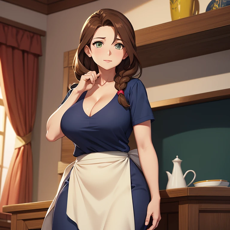 Motherly one Sided Plait, brown hair, v-neck navy blue shirt, long skirt, generous cleavage, solo girl, wide hips, yellow apron, motherly, emerald eyes, dynamic lighting, mature, Pokémon SV mother, hair over one side of her shoulder