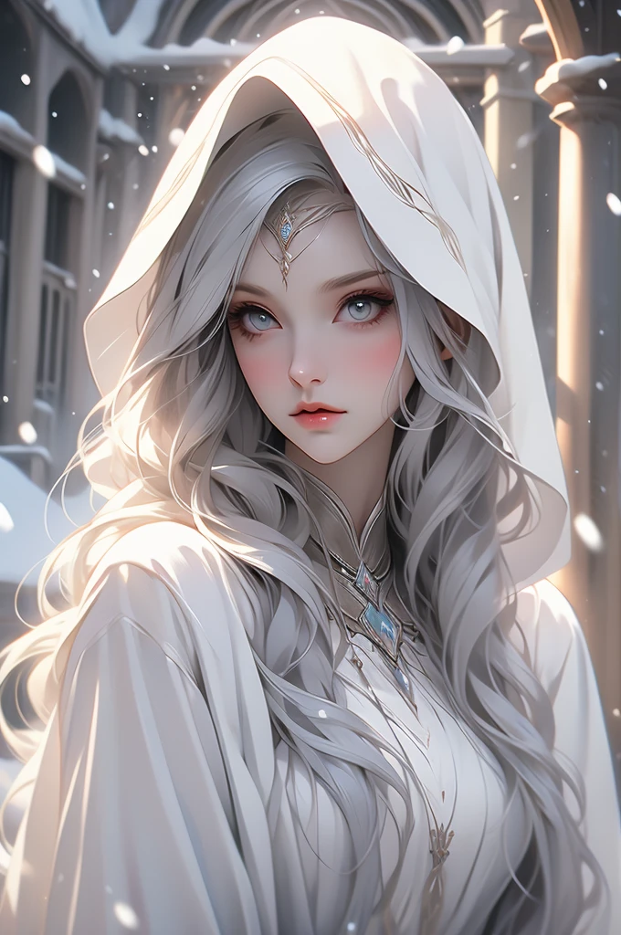 elven sorceress, woman white robe, long white hair, white eyes, hood, snow