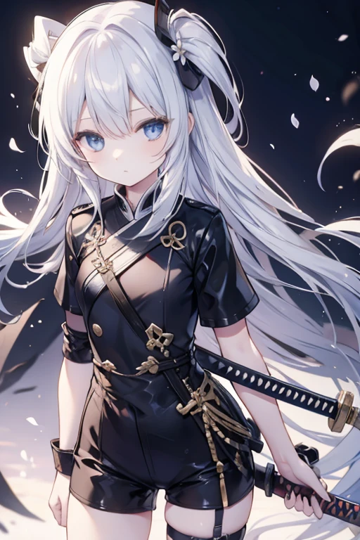 whaite hair,long whitr hair,Blue eyes,Black tunic,Black shorts,white short sleeve,katana swords,