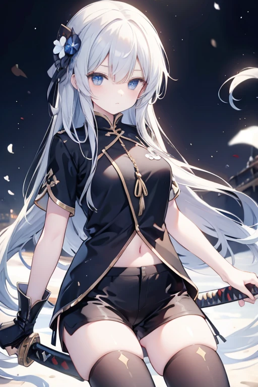 whaite hair，long whitr hair，Blue eyes，Black tunic，Black  shorts，white short sleeve，katana swords，
