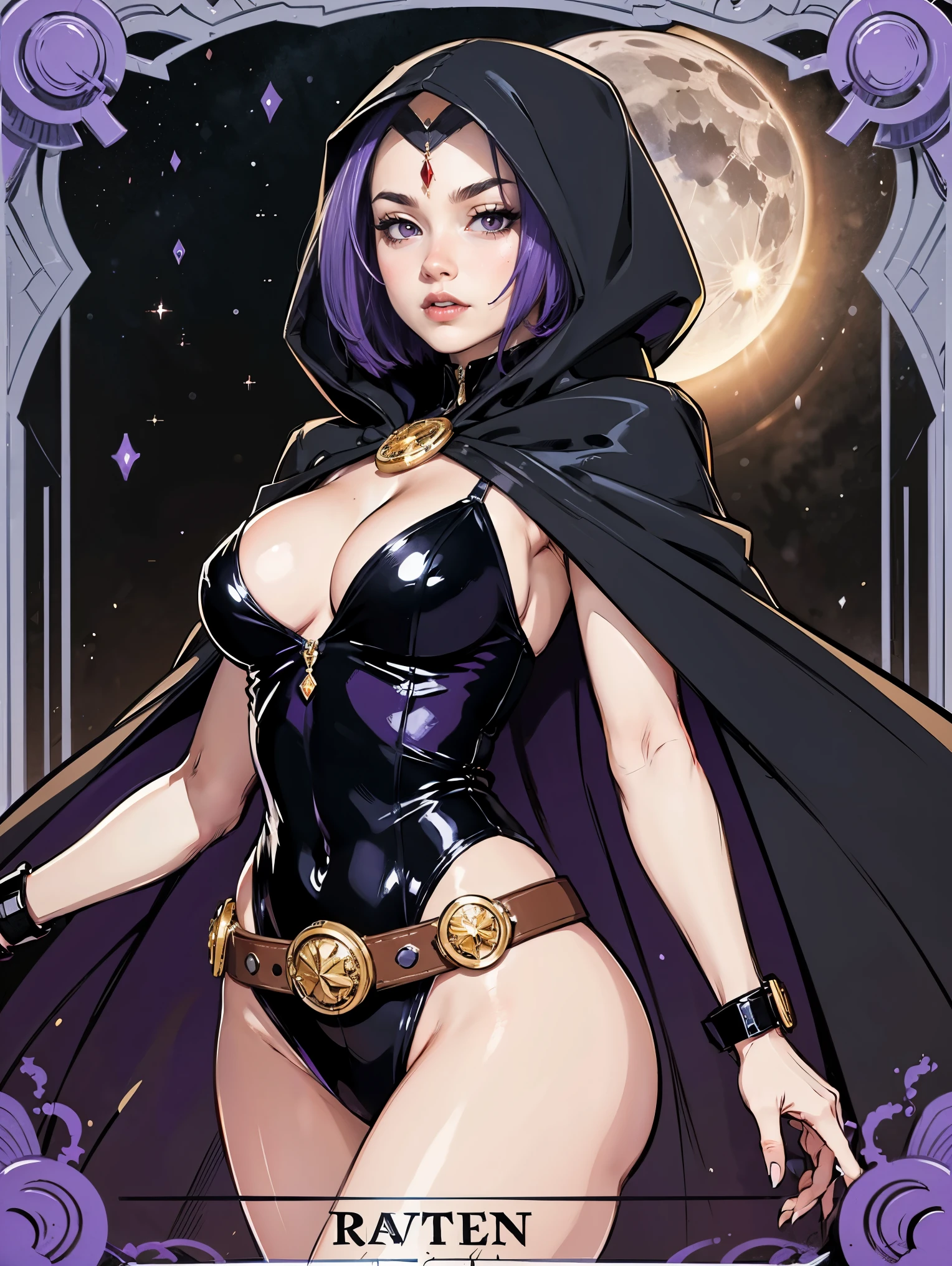 1girl, raven, black leotard, black cape, hood, purple hair, forehead jewel, purple eyes, short hair, belt, skin tight, standing, cleavage, toned, pose, night, moonlight, ((posing)), motion lines, torso, upper body, portrait, b&w. outline, in Anime Tarot Card Art Style, elegant, glamorous, reflection, shine, shading