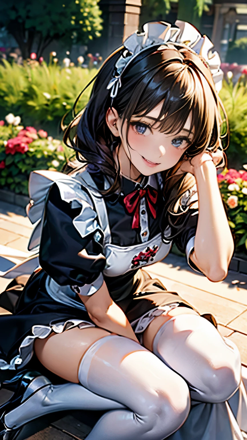 highest quality, masterpiece, 8K, photorealist, ultra high resolution, very delicate and beautiful, HDR, cinematic lighting, medium shot, portrait, perfect female body, Beautiful woman, mature woman, contrasting, put your hand on your head, looking at the viewer,((garden)), (maid:1.6、ruffled apron、ribbon、headdress、high heels、one piece dress、white stockings)、(Clean and neat hairstyle)、cute smile、cleaning、tidying up、cooking、Setting the table、Afternoon tea、