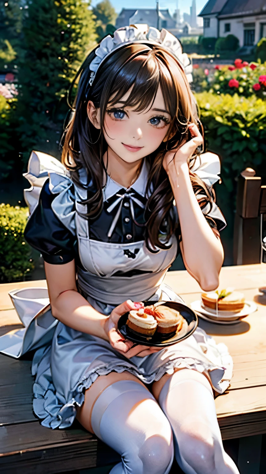 highest quality, masterpiece, 8K, photorealist, ultra high resolution, very delicate and beautiful, HDR, cinematic lighting, medium shot, portrait, perfect female body, Beautiful woman, mature woman, contrasting, put your hand on your head, looking at the viewer,((garden)), (maid:1.6、ruffled apron、ribbon、headdress、high heels、one piece dress、white stockings)、(Clean and neat hairstyle)、cute smile、cleaning、tidying up、cooking、Setting the table、Afternoon tea、