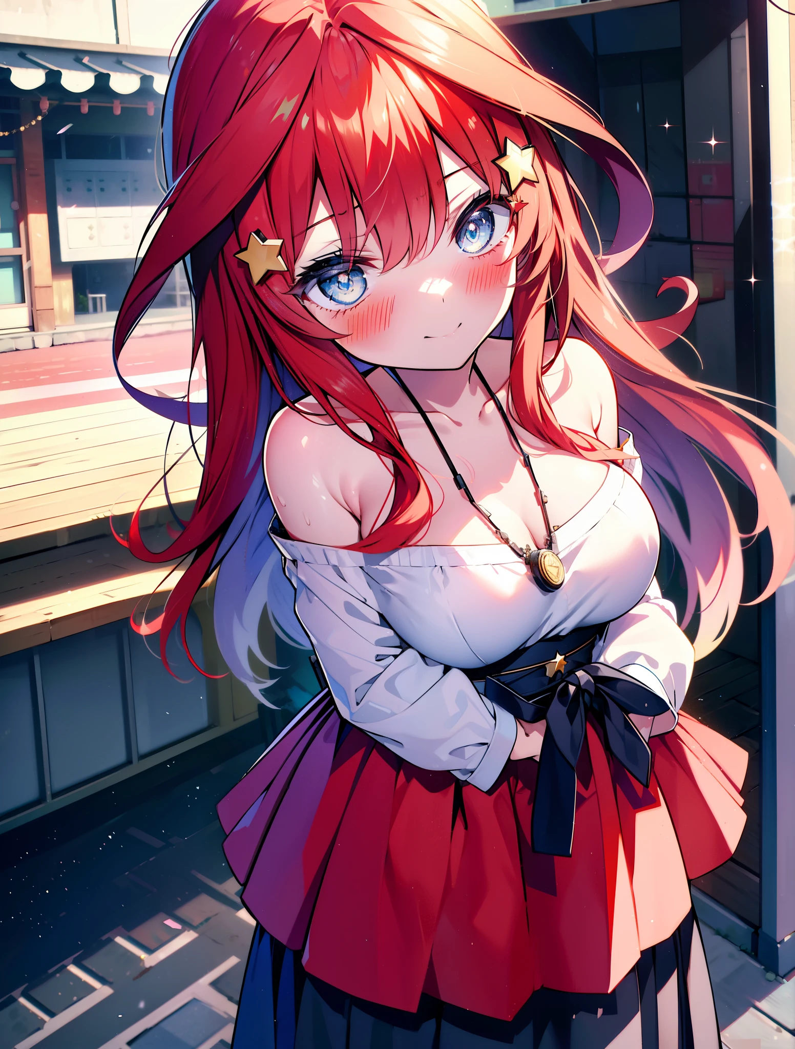 itsukinakano, itsuki nakano, bangs, blue eyes, hair between eyes, Ahoge, redhead, star \(symbol\happy smile, smile, open your mouth,embarrassing,blush, hair ornaments, star hair ornaments,red off shoulder sweater,bare shoulders,bare clavicle,naked neck,Heart Pendant Necklace,Black long skirt,Mini Boots,whole bodyがイラストに入るように,There are many shops,noon,Light of the sun,晴
break outdoors, station,square,
break looking at viewer,whole body (cowboy shot:1.5),
break (masterpiece:1.2), highest quality, High resolution, unity 8k wallpaper, (shape:0.8), (fine and beautiful eyes:1.6), highly detailed face, perfect lighting, Very detailed CG, (perfect hands, perfect anatomy),