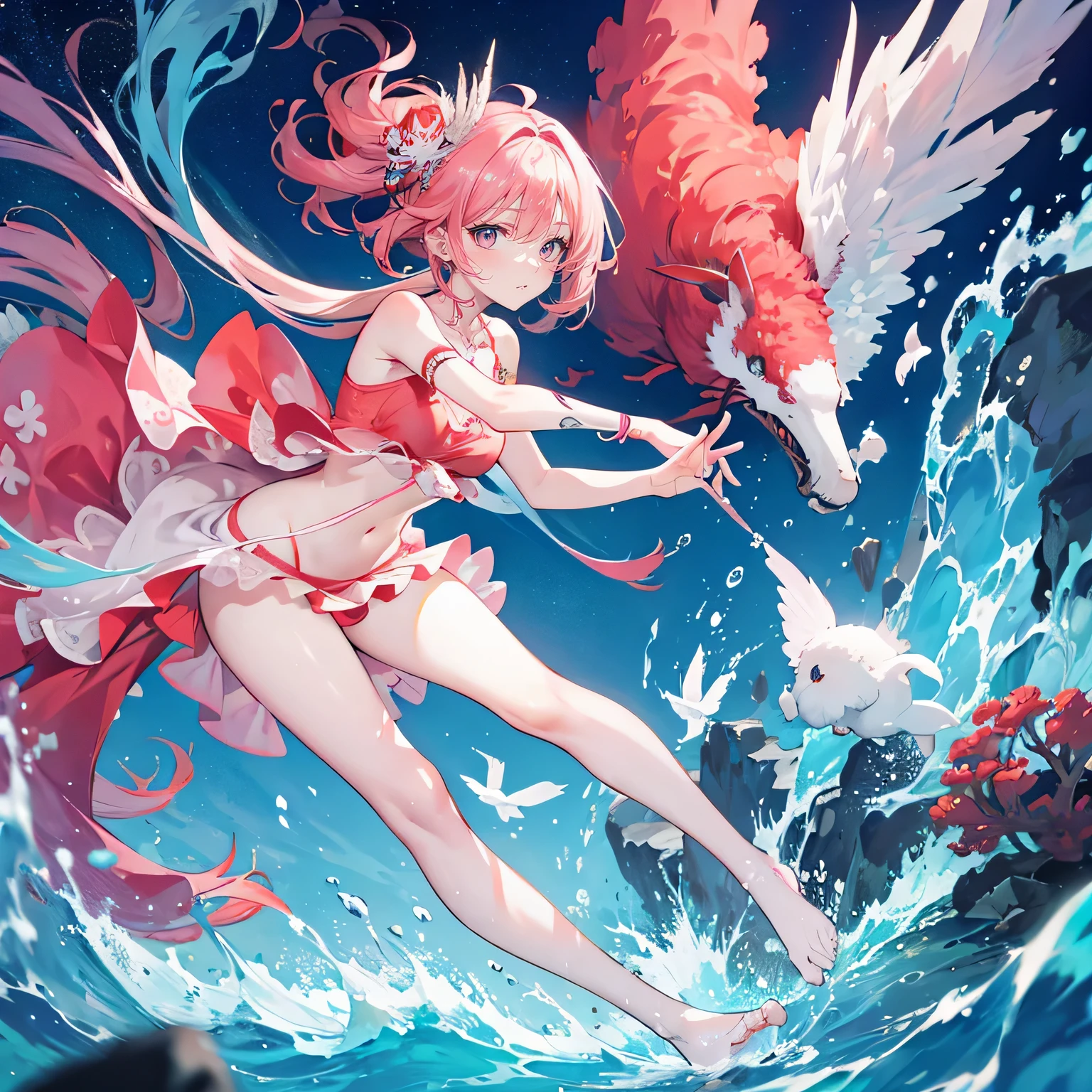 Coral pink hair,long hair,hair over one eye,gray eyes,feather hair ornament,cute,girl,Ultra-thin waist,Ultra-thin legs,swimsuit,No shoes on your feet,whole body,stand on the ground,Does not expose fingers,The background is underwater,Undersea coral reefs