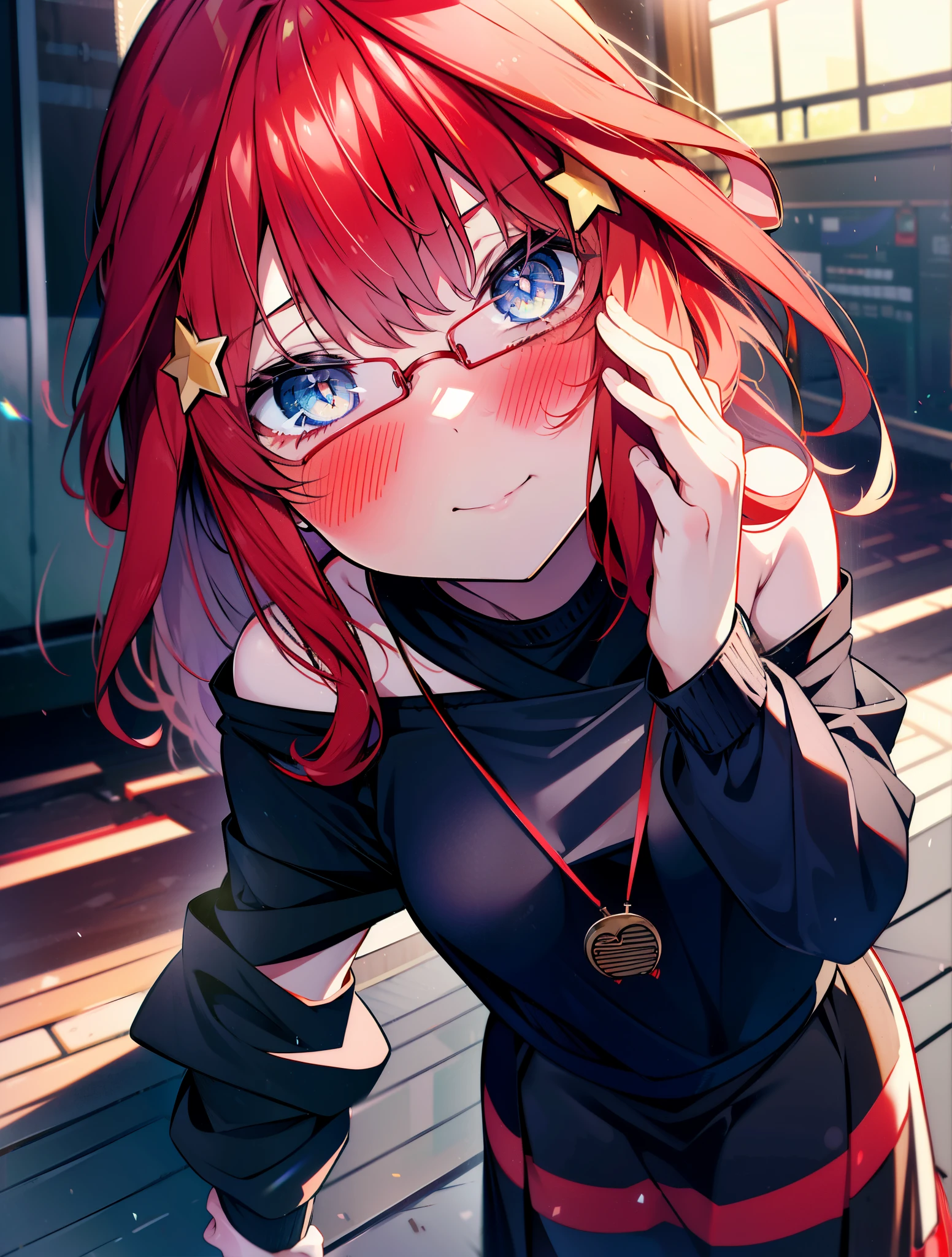 itsukinakano, itsuki nakano, bangs, blue eyes, hair between eyes, Ahoge, redhead, star \(symbol\happy smile, smile, Mouth wide open,embarrassing,blush, hair ornaments, star hair ornaments,Akagi glasses,red off shoulder sweater,bare shoulders,bare clavicle,naked neck,Heart Pendant Necklace,Black long skirt,Mini Boots,put your left hand on your waist,slouch,whole bodyがイラストに入るように,There are many shops,noon,Light of the sun,clear,Looking up from below,
break outdoors, station,square,
break looking at viewer,whole body (cowboy shot:1.5),
break (masterpiece:1.2), highest quality, High resolution, unity 8k wallpaper, (shape:0.8), (fine and beautiful eyes:1.6), highly detailed face, perfect lighting, Very detailed CG, (perfect hands, perfect anatomy),
