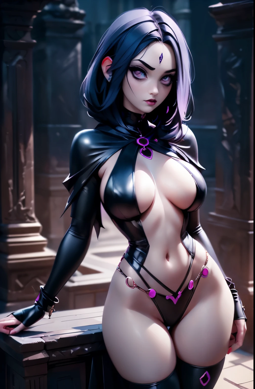 1girl as raven goth woman, detailed eyes, detailed face, detailed skin,mature body, tall body,seductive body,medium big breast, medium thigh, reduced color palette, heavy lines, contrast, pastel colors