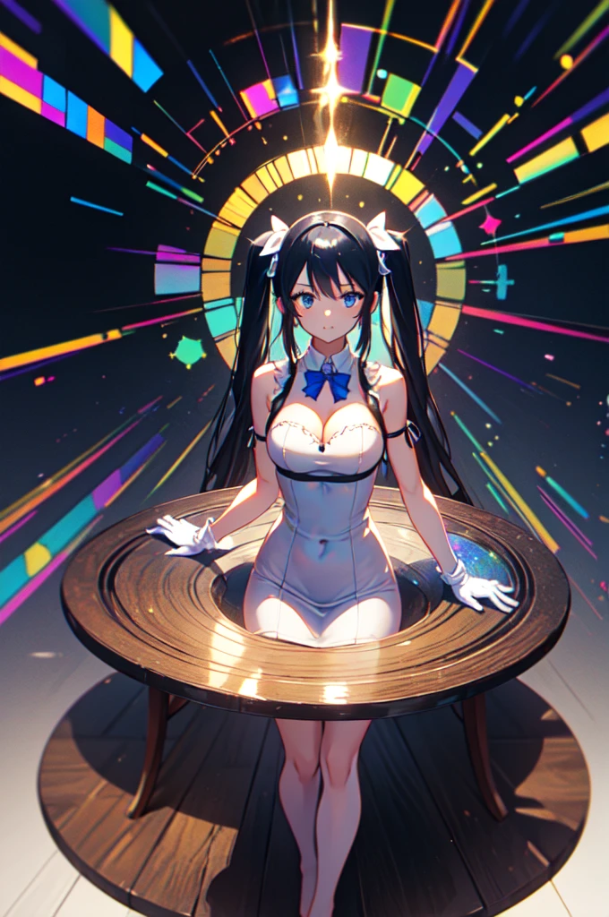 Stained glass background, full body picture, spread legs, full body, twin tails, black hair, air ornament, white dress, blue bowtie, cleavage cutout, blue ribbon, arm ribbon, short dress, white gloves, barefoot, blue bow, blue bowtie, bow, bowtie, cleavage, cleavage cutout, clothing cutout, dress, gloves, pencil dress, (rei no himo:1.5), short dress, white dress, white gloves, masterpiece:1.3), (High resolution), (8K), (very detailed), (4k), (pixiv), perfect face, beautiful eyes and face, (highest quality), (Super detailed), detailed face and eyes,((highest quality)),((table top)),((perfect face)), detailed５two-fingered hand,1 girl and fantasy style, ((holographic)), (stripes of light), impressive visuals, Like the cover of a movie, (dynamic streak, path of light:1.2), bright colors, and face up,dynamic pose