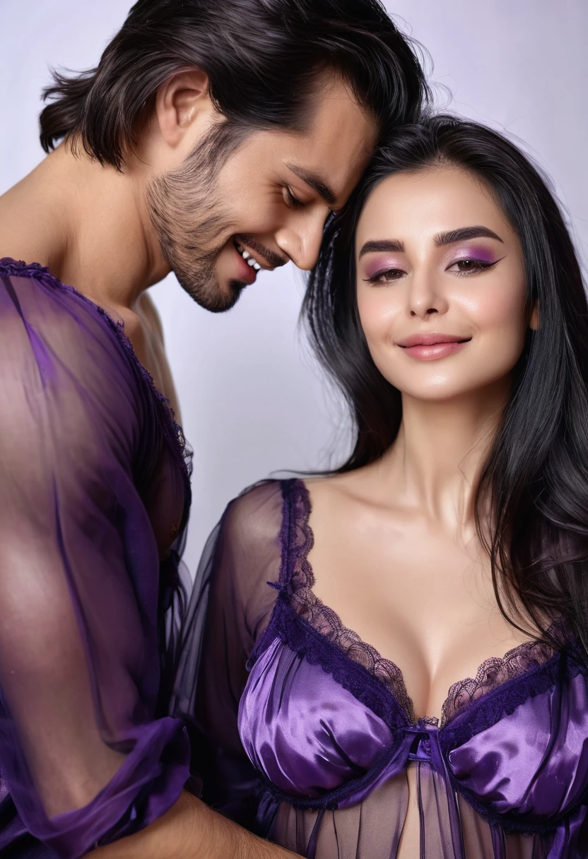 (((Two people. A beautiful woman and a handsome man)))A beautiful woman tilts her head back with passionate eyes,Dark black neat long hair hanging back(shiny hair), Wearing a sheer gauze silk nightgown,full breasts.Revealing dark purple underwear.A man hugged her waist from the front.Buried his face on her chest on the table, best quality, actual, super detailed, finely, high resolution, 8K wallpaper, , sharp focus, Perfect dynamic composition, Beautiful and delicate eyes , Detailed actualskin texture, Smile, closeup portrait, Model figure