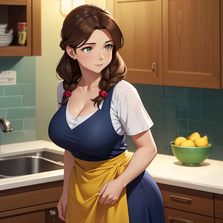 Motherly one Sided Plait, brown hair, v-neck navy blue shirt, long skirt, generous cleavage, solo girl, wide hips, yellow apron, motherly, emerald eyes, dynamic lighting, mature, Pokémon SV mother, hair over one side of her shoulder 