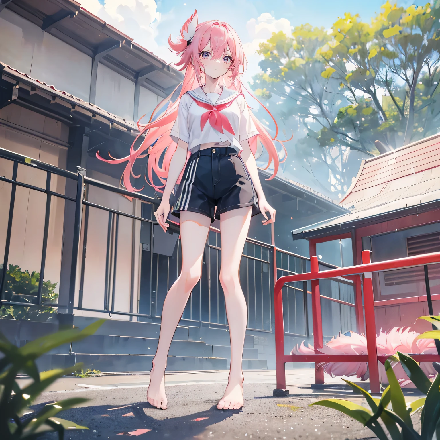 Coral pink hair，long hair，hair over one eye，gray eyes，feather hair ornament，cute，girl，Ultra-thin waist，Ultra-thin legs，Sports short sleeves，shorts，No shoes on your feet，whole body，stand on the ground，Does not expose fingers，The background is the school playground track，blue sky