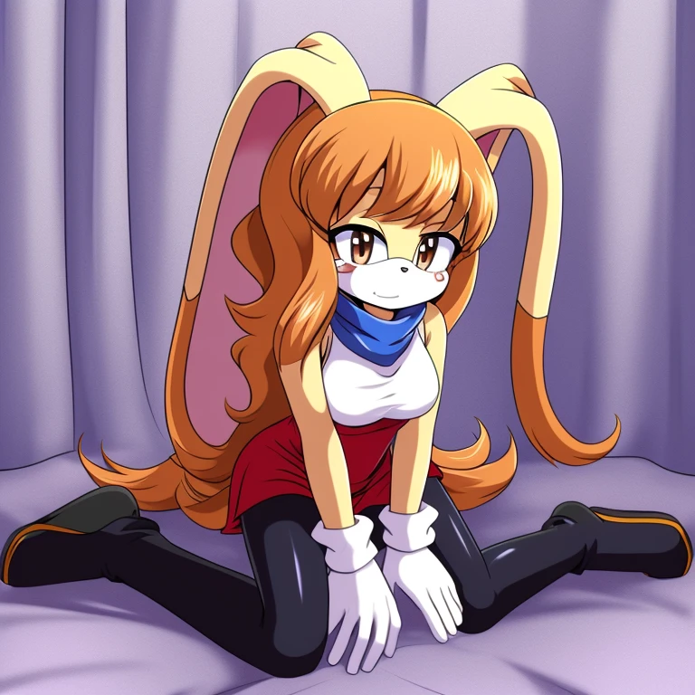 Female, Mobian, Rabbit, Cream the Rabbit, sonic the hedgehog \(series\), rabbit girl, ((solo)), ((1girl)), ((hairstyles, long wavy hair with curtain side bangs, similar to Maria)), brown eyes, (eyes open), crying, young adult, average sized breasts, hair on top of shoulders, long peach hair color that’s is wavy, wearing a blue anime styled scarf, wearing a red one piece, knee length tights, black boots, white gloves, (((2D Anime Style))),