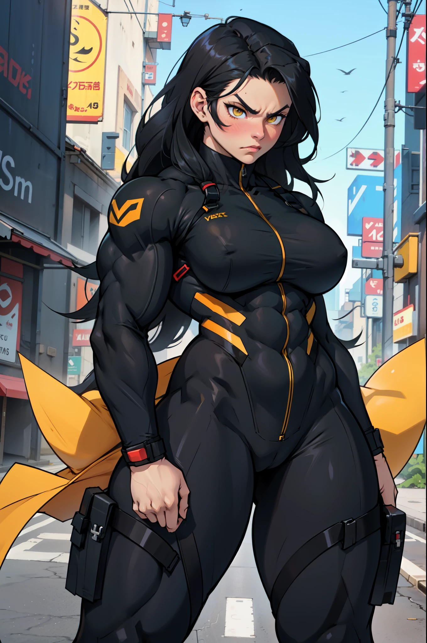 1girl (((muscular toned body))) large thick thighs wide hips curvy abs black hair yellow eyes very long hair pale skin voluptuous angry blush bodysuit