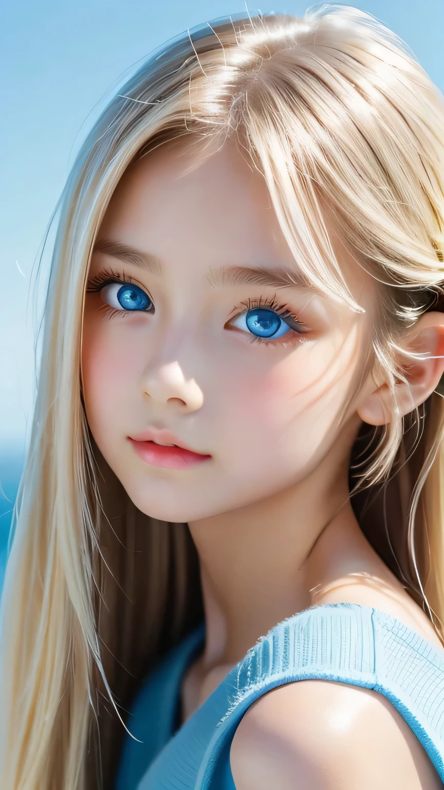 Portrait、、bright look、ponytail、bangs between eyes、bangs on the face、Young, shiny, white, glossy skin、gross face、cheek gloss highlight、best beauty、blonde reflection、Platinum blonde hair with dazzling highlights、shiny bright hair,、super long silky straight hair、Shining beautiful bangs、Attractive, beautifully shining, very bright, light blue eyes、very big eyes、Very beautiful nice cute 15 year old beautiful girl、rich bust、small face beauty、