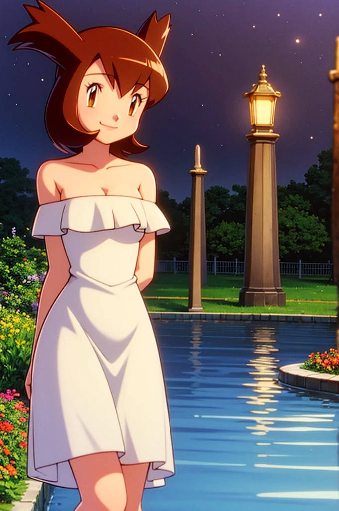 masterpiece, best quality, ultra-detailed, illustration, beautiful detailed eyes, very detailed illustration, cinematic lighting, 1 girl, solo, Pokemon Heroes (Bianca), Brown Hair, brown eyes, bare shoulders, strapless, off shoulders, white ruffle off the shoulder top, white maxi dress, intricate details, sharp focus, high resolution, the background of beautiful garden with a forest of flowers, on a beautiful night, full moon, smile, standing near a big water pool on the bottom, arms behind back, anime style, ultra-detailed, hdr, far at the bottom, in the center, Close up