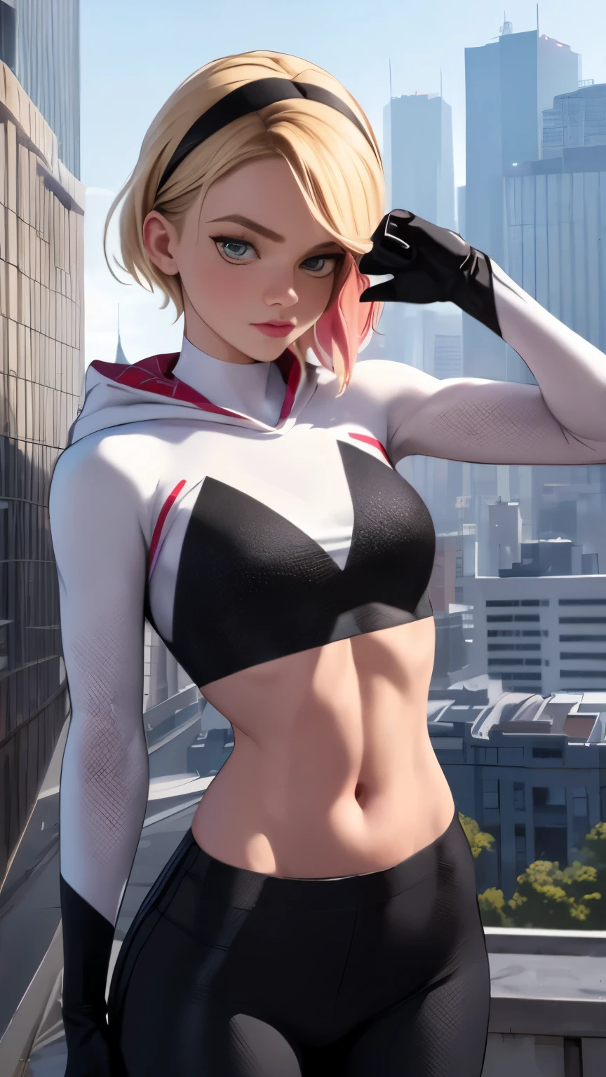 (Highly quality, masterpiece, detailed), city detailed scenario, city detailed background, solo, Gwen, blonde hair, multicolored hair, short hair, hairband, crop top, web-print, hood down, gloves, navel, on top of a building, perfect face, beautiful eyes, look at the viewer, Sexy pose