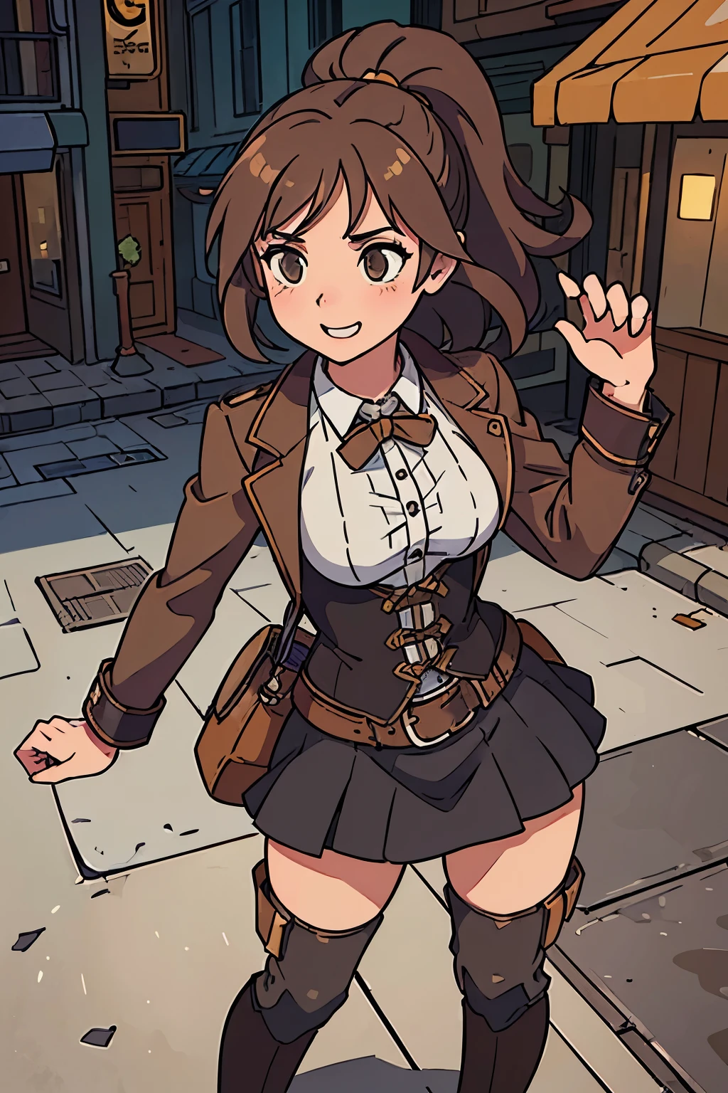 (best quality:0.8) perfect anime illustration, a pretty, happy woman with steampunk clothes, brown hair on the street in the city, wearing a skirt and boots, a steampunk city on background