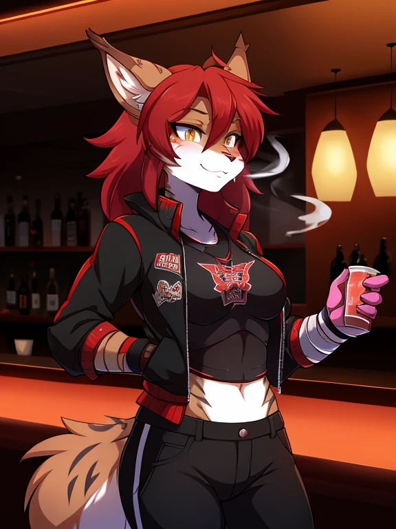 Anthropomorphic furry lynx girl, poison, Red hair, wearing a jacket with a smoke pattern on it, in black pants, hands in bandages, MMA fighter, burn on left eye, robot assistant nearby, working in a bar as a bartender in anime style