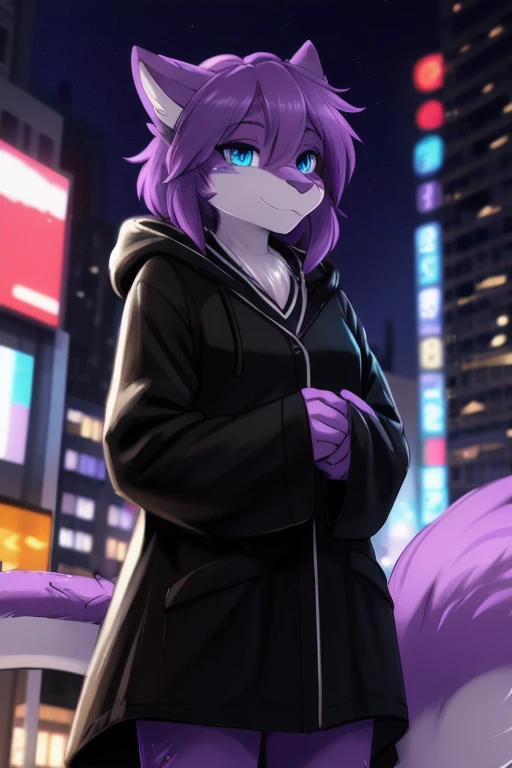 (masterpiece, Best quality), Altair, fluffy, fluffy Female, 1 girl, Blue eyes, reptile, The Dragon, sketch, Detailed fur pelt, black raincoat, sharp focus, fluffy, city background, , uniform, two-tone fur, Only your body, Purple The Dragon Tail, purple fur, 8 k, (Ultra realistic photo, RAW photo, fluffy:1.3), fluffy, fluffy Female, 1 girl, Blue eyes, electricity, Shine, purple fur,