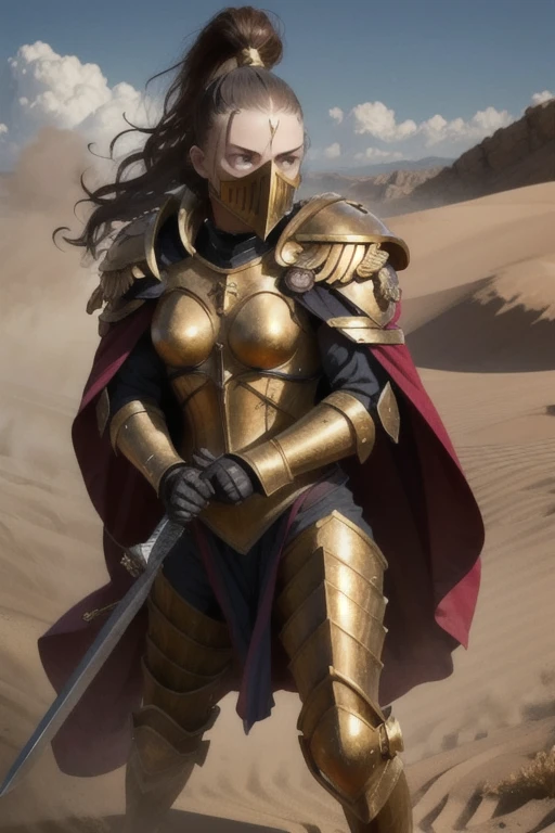 photo of 1girl, , wearing sistersilence armor, mask details, topknot,wavy hair, full armor, detailed shoulder armor, pauldron, gold armor, armor detail, gold trimmings, pelvic curtain, cape, swinging sword, facial tattoo, battle, army, firing, gun, charging, running, standing by desert storm, sandstorm, dune, dark ambiance, 