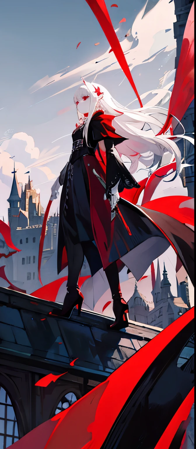 vampire,long white hair,Stand on the roof of the castle and look into the distance,red sword,Gorgeous black cloak,red eyes,ruins