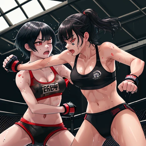 Two beautiful high school girls mixed martial artists covered in blood。fighting violently。Suffering from damage。Mouth open and dripping blood。With one eye closed, it seems painful。Fighting inside the Octagon。I&#39;m soaked in sweat。open finger gloves。sports bra。bikini。erect nipples。black hair short cut。