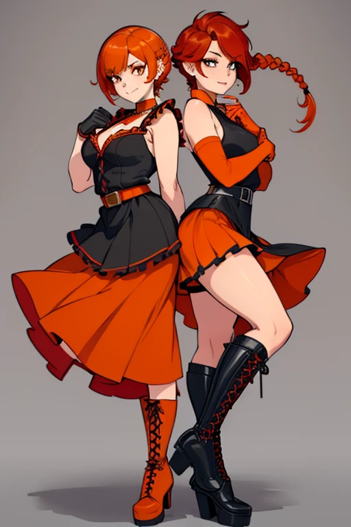 female, red short hair with yellow highlights, orange eyes, (((1girl))), (((orange corset with red trim))), (black gloves), (black lace up boots), (black belt), (white stockings), (black skirt), cute and sexy, large breasts, large butt, full body, long legs, smiling
