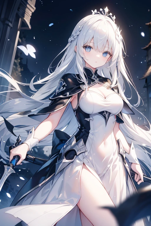 girl,white hair,blue eyes,glowing eyes,glowing eyes,glowing eyes,long hair,Dark system,Long white and black dress,armor,Silvery crown,Queen,brandishing a sword,poster,incredible,big occasion,best quality,epic,Tyndall effect,enchanted forest