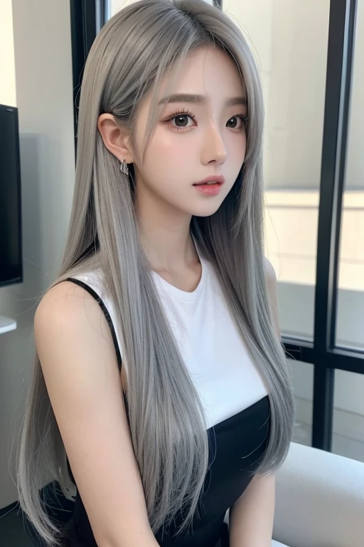 t's like a Korean idol.a semi-long silver hair.