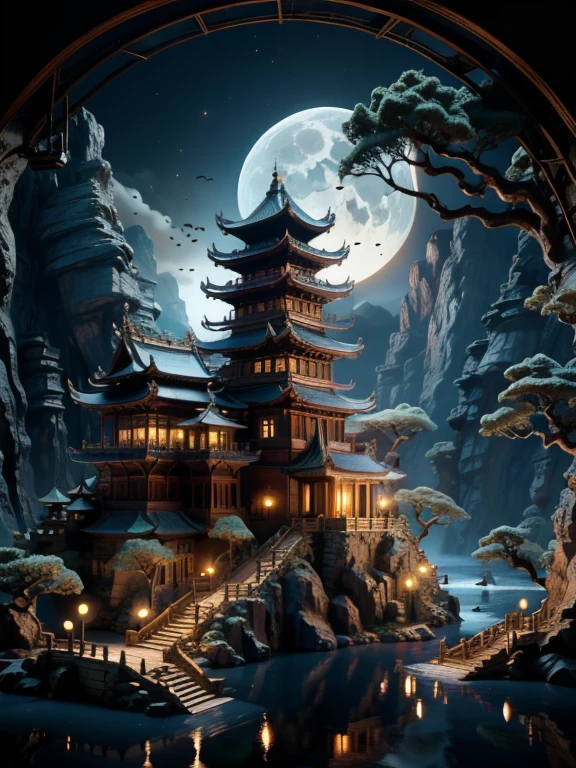 ancient city,outdoor,Sky,water,Tree,No_Humanity,night,moon,architecture,landscape,full_moon,reflection,lantern,stairs,Mountain,architecture学,bridge,East_Asian_architecture学,pagoda,movie lighting,strong contrast,高細節water平,best quality,masterpiece,