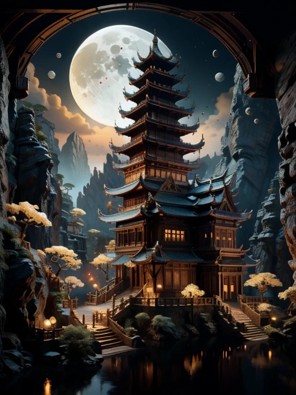 ancient city,outdoor,Sky,water,Tree,No_Humanity,night,moon,architecture,landscape,full_moon,reflection,lantern,stairs,Mountain,architecture学,bridge,East_Asian_architecture学,pagoda,movie lighting,strong contrast,高細節water平,best quality,masterpiece,