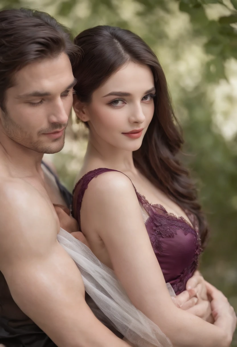 (((Two people. A beautiful woman and a handsome man)))A beautiful woman tilts her head back with passionate eyes,Dark black neat long hair hanging back(shiny hair), Wearing a sheer gauze silk nightgown,full breasts.Revealing dark purple underwear.A man hugged her waist from the front.Buried his face on her chest on the table, best quality, actual, super detailed, finely, high resolution, 8K wallpaper, , sharp focus, Perfect dynamic composition, Beautiful and delicate eyes , Detailed actualskin texture, Smile, closeup portrait, Model figure