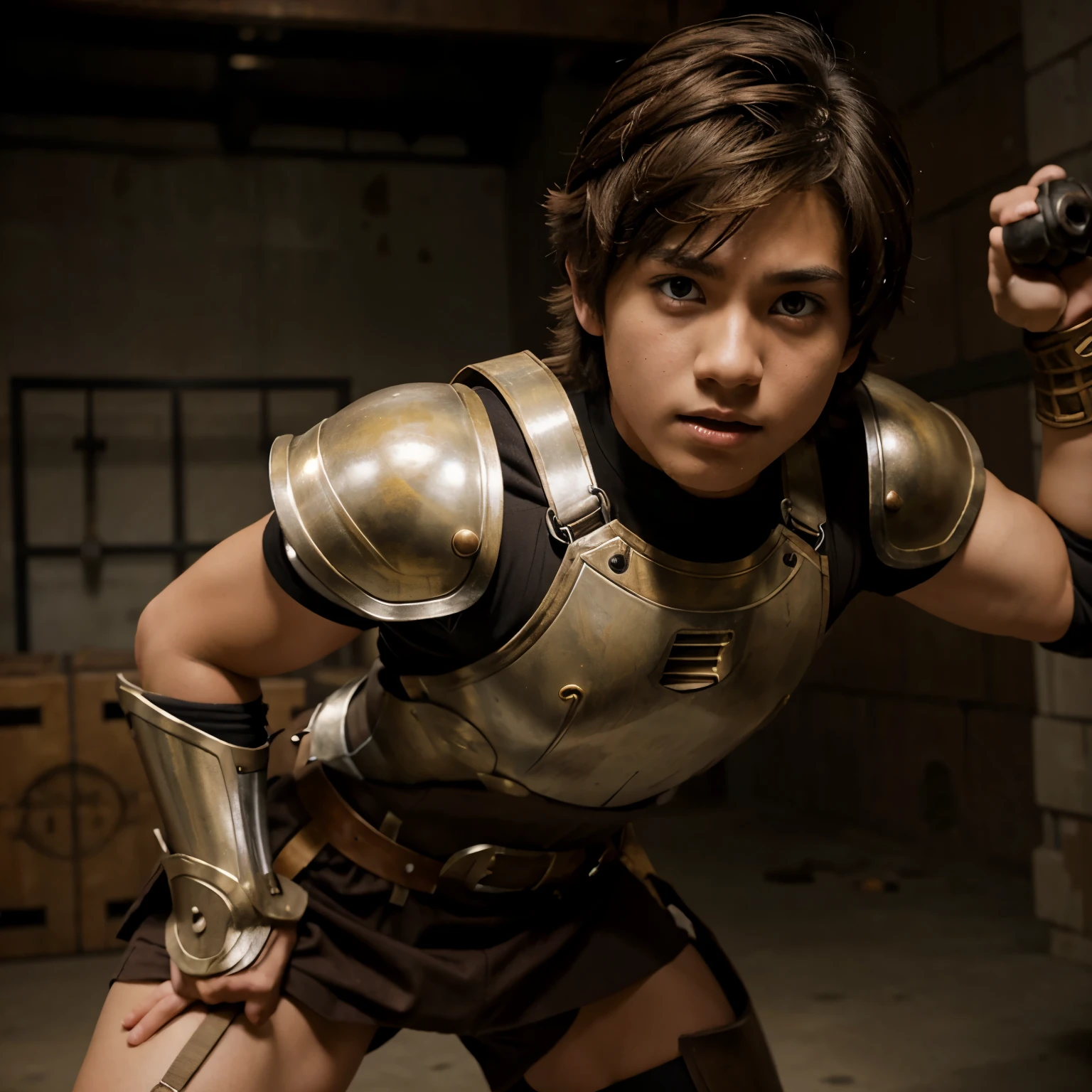 anime boy, tan skinned, brown eyes, short brown hair, fierce, wearing armor, holding heavy hammer, doing fight stance