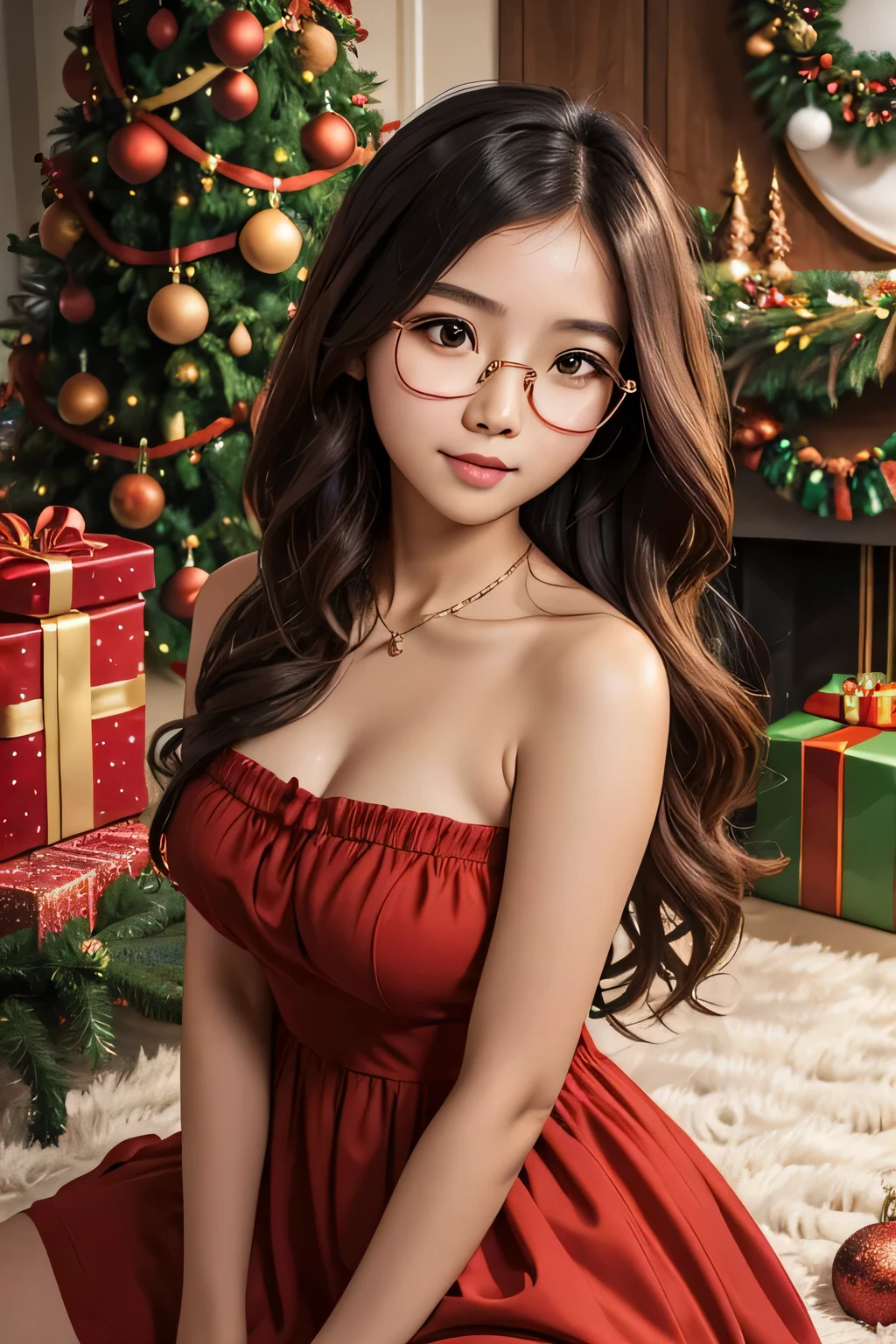 Detailed face of half body photo. 25 year old Indonesian girl with a sweet face, big round face and long brown wavy hair, round glasses, wearing a long strapless sleeveless red bunny girl dress with a Christmas theme with a Christmas tree in the background and piles of Christmas gifts in a luxurious house