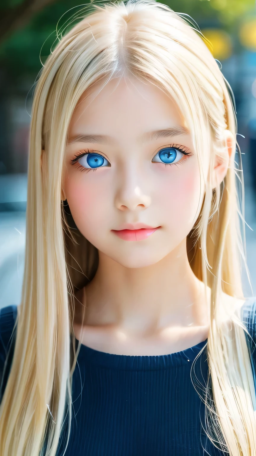 Portrait、、bright look、ponytail、bangs between eyes、bangs on the face、Young, shiny, white, glossy skin、gross face、cheek gloss highlight、best beauty、blonde reflection、Platinum blonde hair with dazzling highlights、shiny bright hair,、super long silky straight hair、Shining beautiful bangs、Attractive, beautifully shining, very bright, light blue eyes、very big eyes、Very beautiful nice cute 15 year old beautiful girl、rich bust、small face beauty、