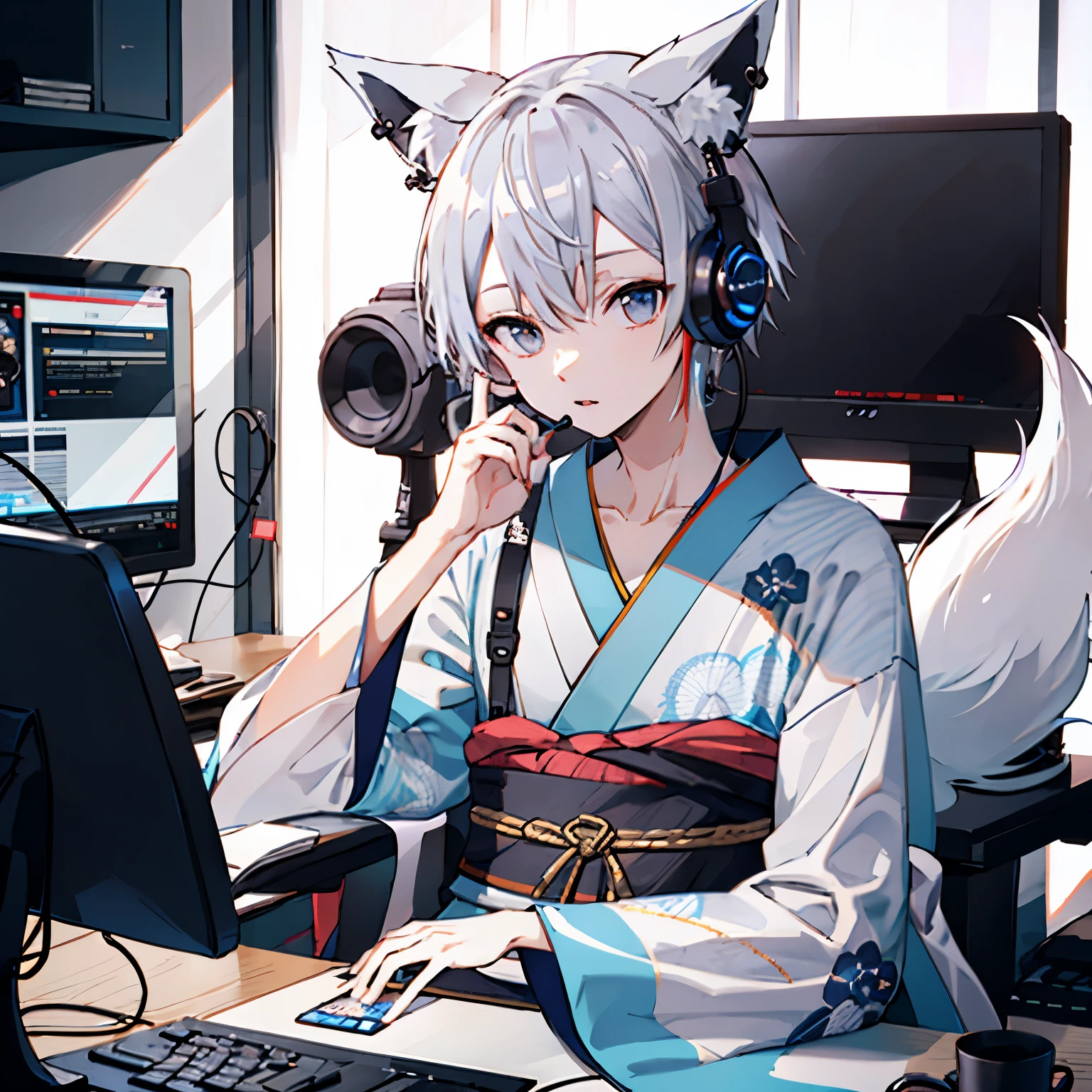 ((highest quality)), ((masterpiece)), (be familiar with), perfect face、male、kimono、silver hair、fox tail、fox ears、Japanese-style study、Working on radio broadcast、looking at computer、Wearing earphones