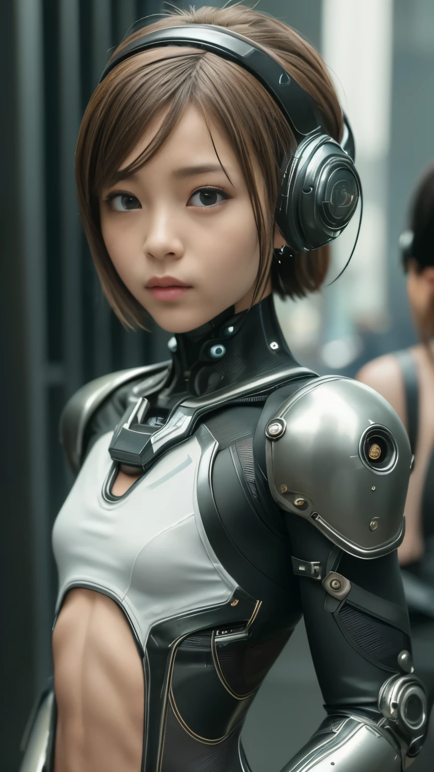 high quality, ​realistic masterpiece, two close friends, Beautiful ten girls, small skinny girls, cute girl face, cyberpunk, Wearing futuristic robotic tactical shear armor cyberpunk suit with cutouts showing abs, skinny athletic body, innocent, playful, Famous actresses of Japan, very beautiful face