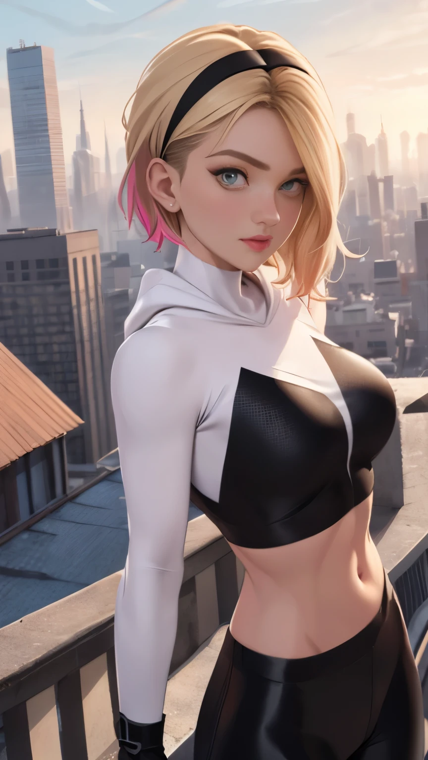 (Highly quality, masterpiece, detailed), city detailed scenario, city detailed background, solo, Gwen, blonde hair, multicolored hair, short hair, hairband, crop top, web-print, hood down, gloves, navel, on top of a building, perfect face, beautiful eyes, look at the viewer, Sexy pose