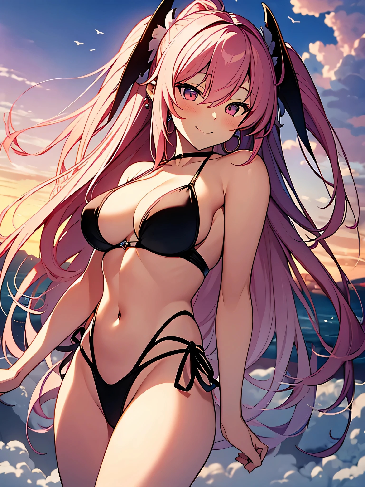 Top quality, ultra high resolution, (photorealistic: 1.4), Japan people, attractive faces. Model face. Hair is long. Thin. Smiling expression, bikini, beautiful details, pink hair. Pigtails. medium breasts . Miniskirt. Earring. Fly with outstretched hands. Fly in the sky. Fly with legs extended. Float in the air. On the back large wings. Above the clouds. Clouds around. Cloud mass. She flies freely above the clouds. She can fly gracefully. She flies gracefully in the sky. Devil's wings. Naked. open legs, Fallen angel. Yami Ochi. Evil chi. Devil. 100%nude. Enchantress.