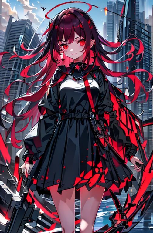 (((Masterpiece))), (((Best Quality: 1.4))), ((Super Detail: 1.4)) , adorable, innocent, teenager, red glowing eyes, highly detailed clothes, fangs, smiling, straight black and red hair style, blush, adult, big, ((bags under eyes)), black outfit, holding a weapon, tactical clothing, winter coat, full body view, standing on a roof top, holding a sythe, the blade is imbued with flames