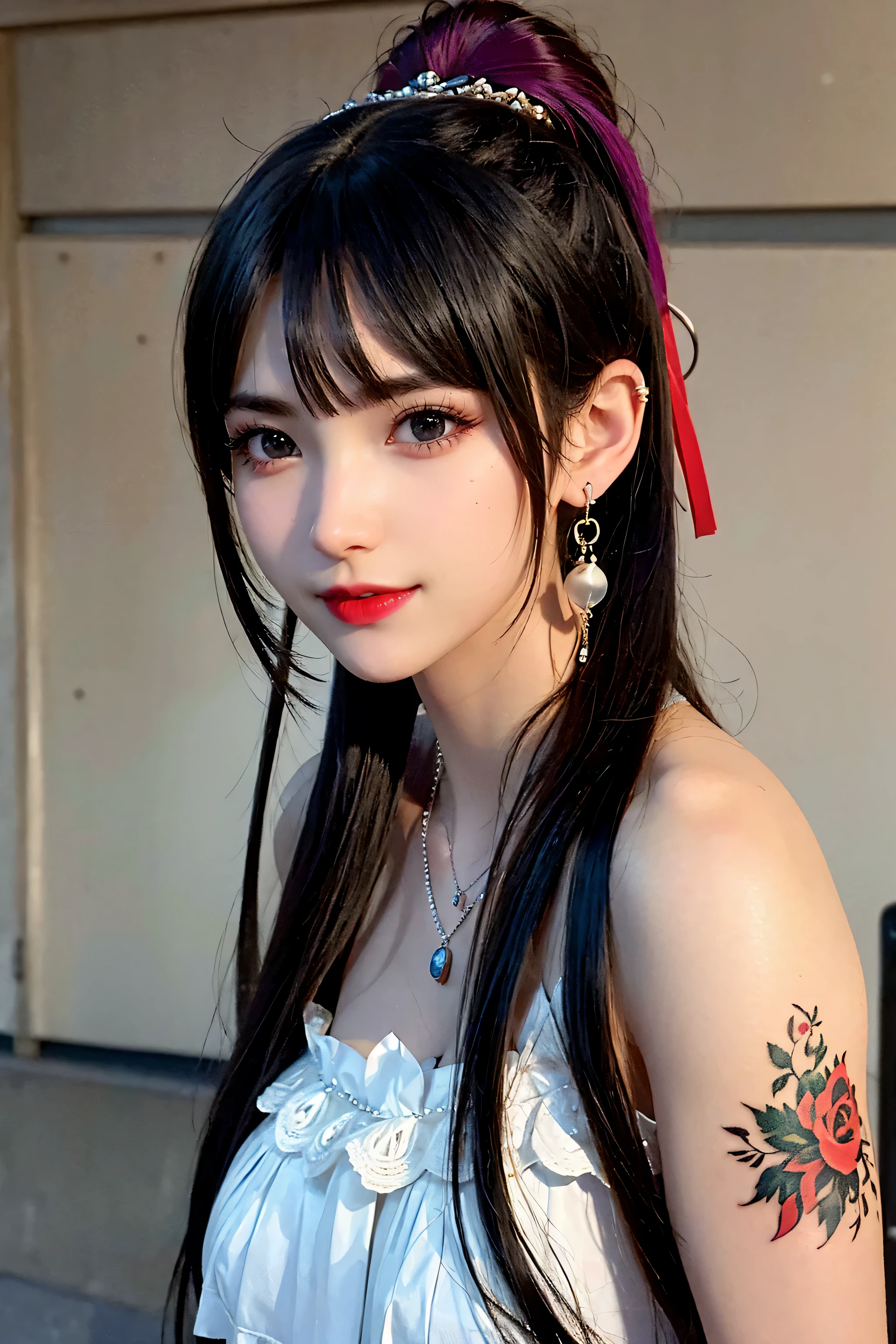 Urban fair girl college student, masterpiece, Light makeup, red lips, silver hair, messy long hair, street background, fair, elegant. Super fine details, masterpiece, real texture, Movie Lighting Realism, perfect job, 16K, HD, Exquisite features,blue eyes、japanese idol、pretty face、Lovely smile、brown hair、fair hair、ponytail、charming、 big breasts、Nipples erect、Oily muscles、shiny skin、tanned skin、black glowing skin、Sexy knitted sweater, big bright eyes, smooth skin, earrings, necklace, tattoo