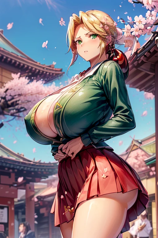 ((woman,huge breasts, (huge breasts:1.8),とても唇が赤いhuge breastsを強調,big ass,thin waist,long legs,green eyes立っている)) 8k((((anime style),(Good at drawing faces:1.1))))8k(((((anime style)green eyes)))) 8k((Standing at the station))8k((Waiting for a train at the station))8k((early morning))8k((beautiful woman))((学生blazer15歳学生服 緑のネクタイ, blazer, pleated skirt))8k(((((spring,cherry blossoms,The wind is blowing,the skirt is turned up,cherry blossomsが散っている:1.3)))))Good at drawing faces